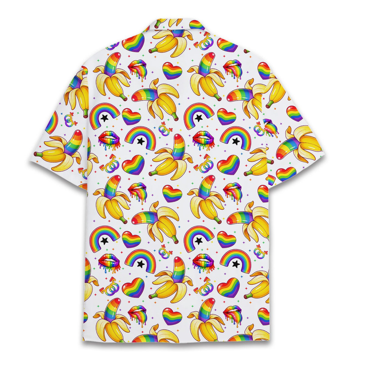 Back view of the pride hawaiian shirt displaying rainbow stars and hearts
