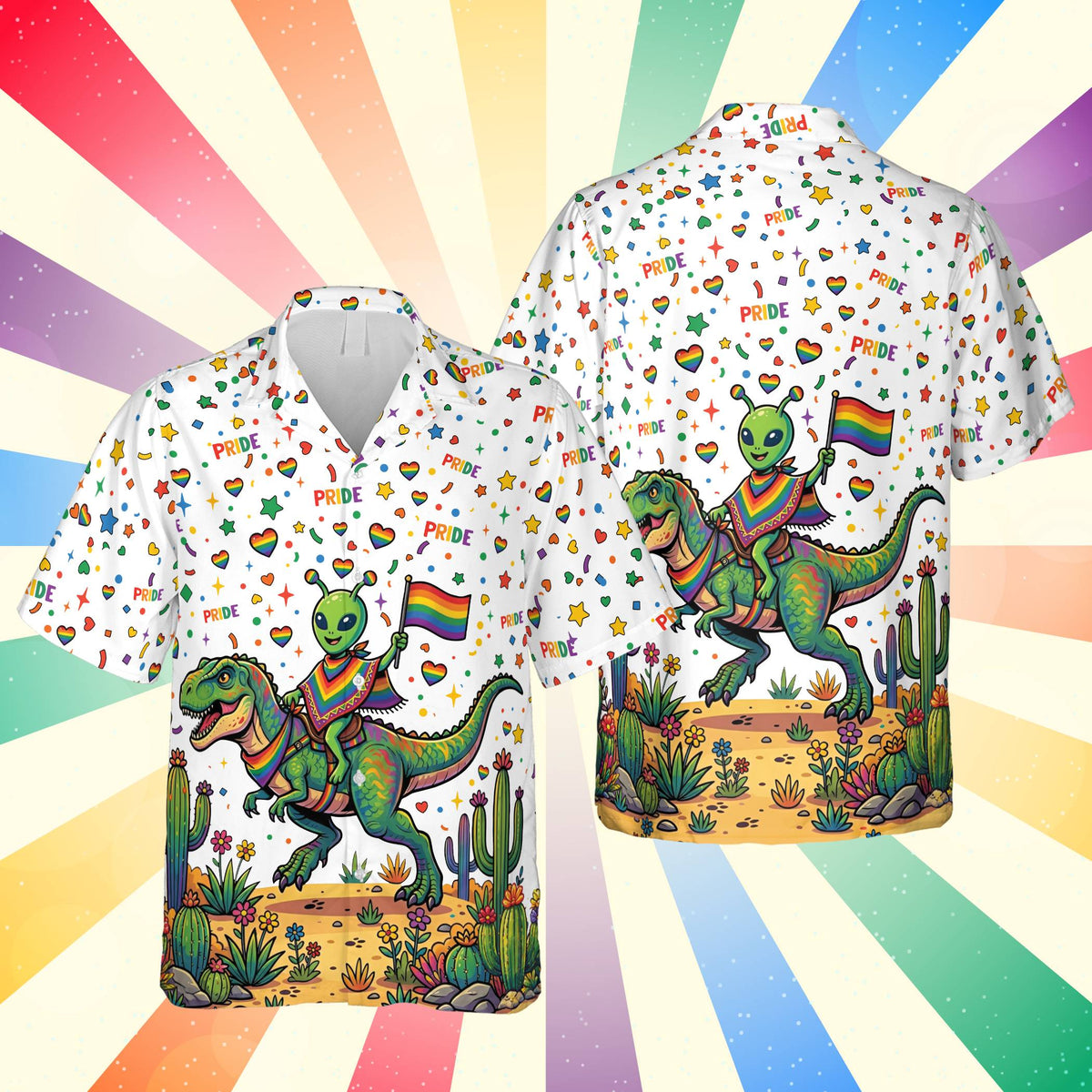 White pride hawaiian shirt featuring a green alien riding a T-Rex, main matching family view