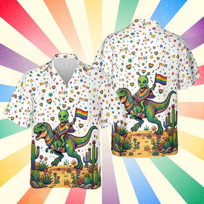 White pride hawaiian shirt featuring a green alien riding a T-Rex, main matching family view