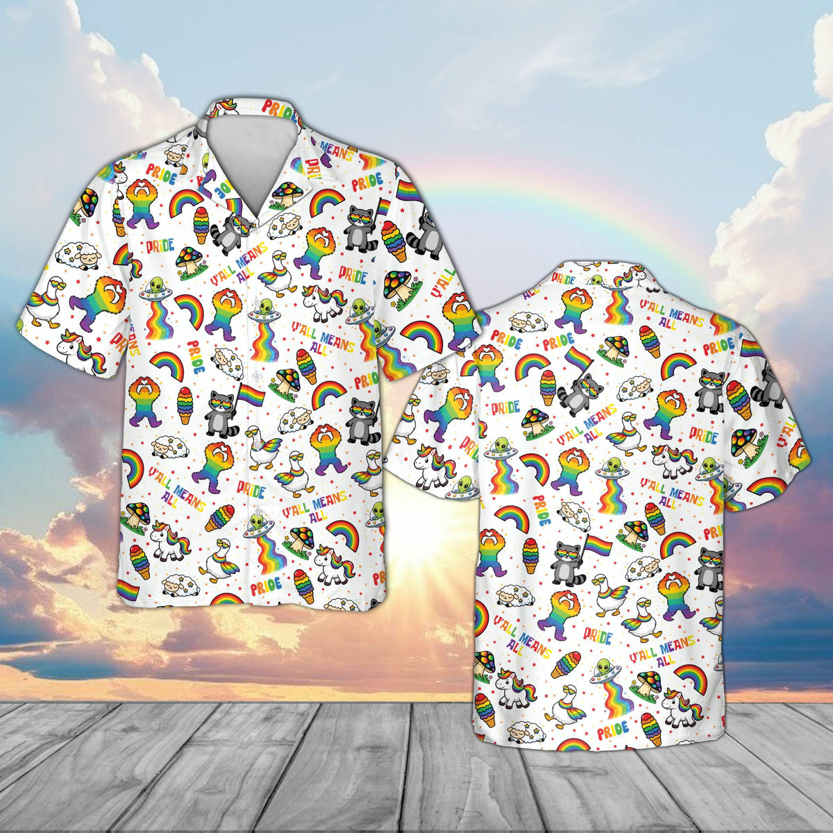 White matching family hawaiian shirt with Pride flag raccoons and unicorns, front view