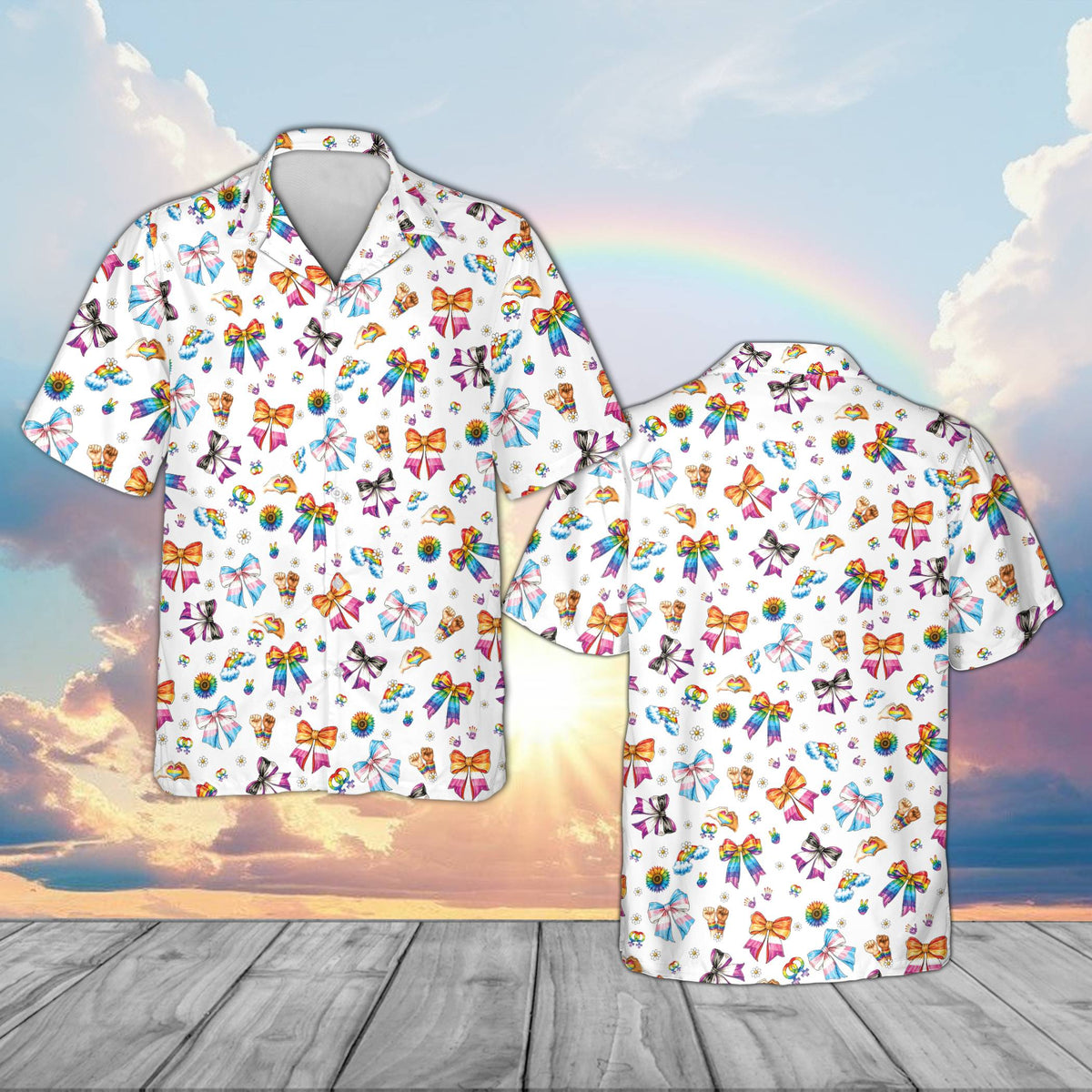 White pride hawaiian shirt with abstract rainbows and peace signs, main front view