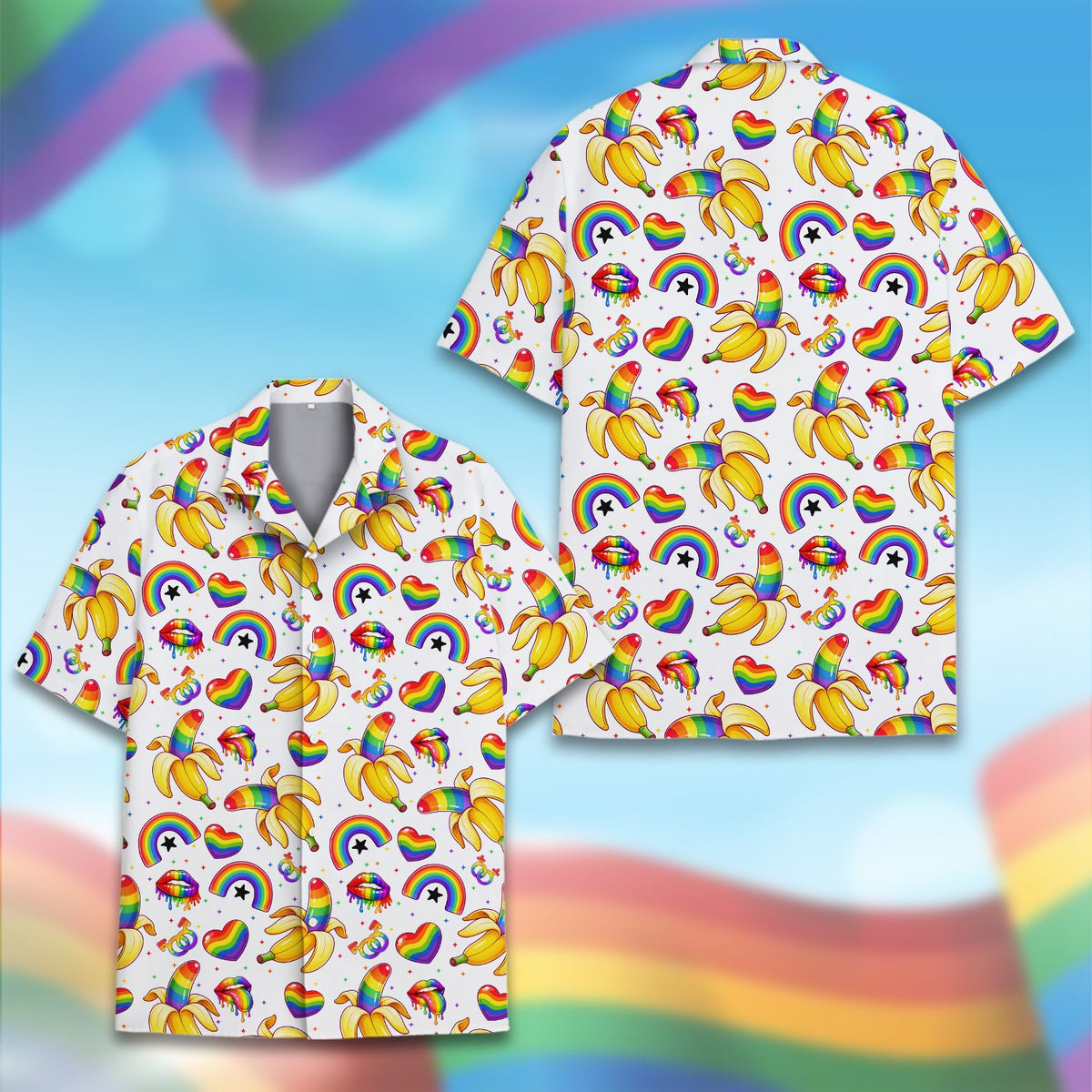 Close-up front view of the pride hawaiian shirt with dripping rainbow lips