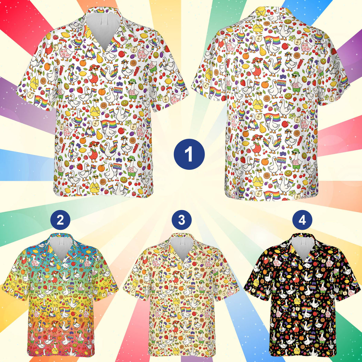 White pride hawaiian shirt with ducks and rainbow flags, front view
