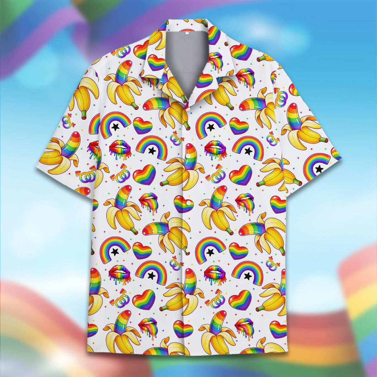 Another front view showcasing the vibrant pride hawaiian shirt design