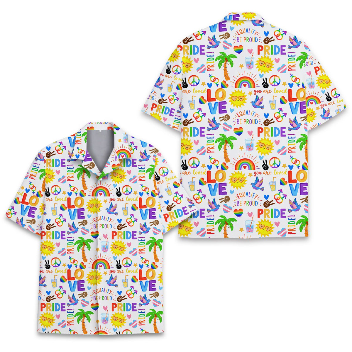 Front view of the white matching family hawaiian shirt with pride theme print