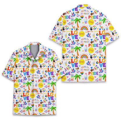 Main view of the pride hawaiian shirt featuring vibrant rainbows and peace signs on a white background