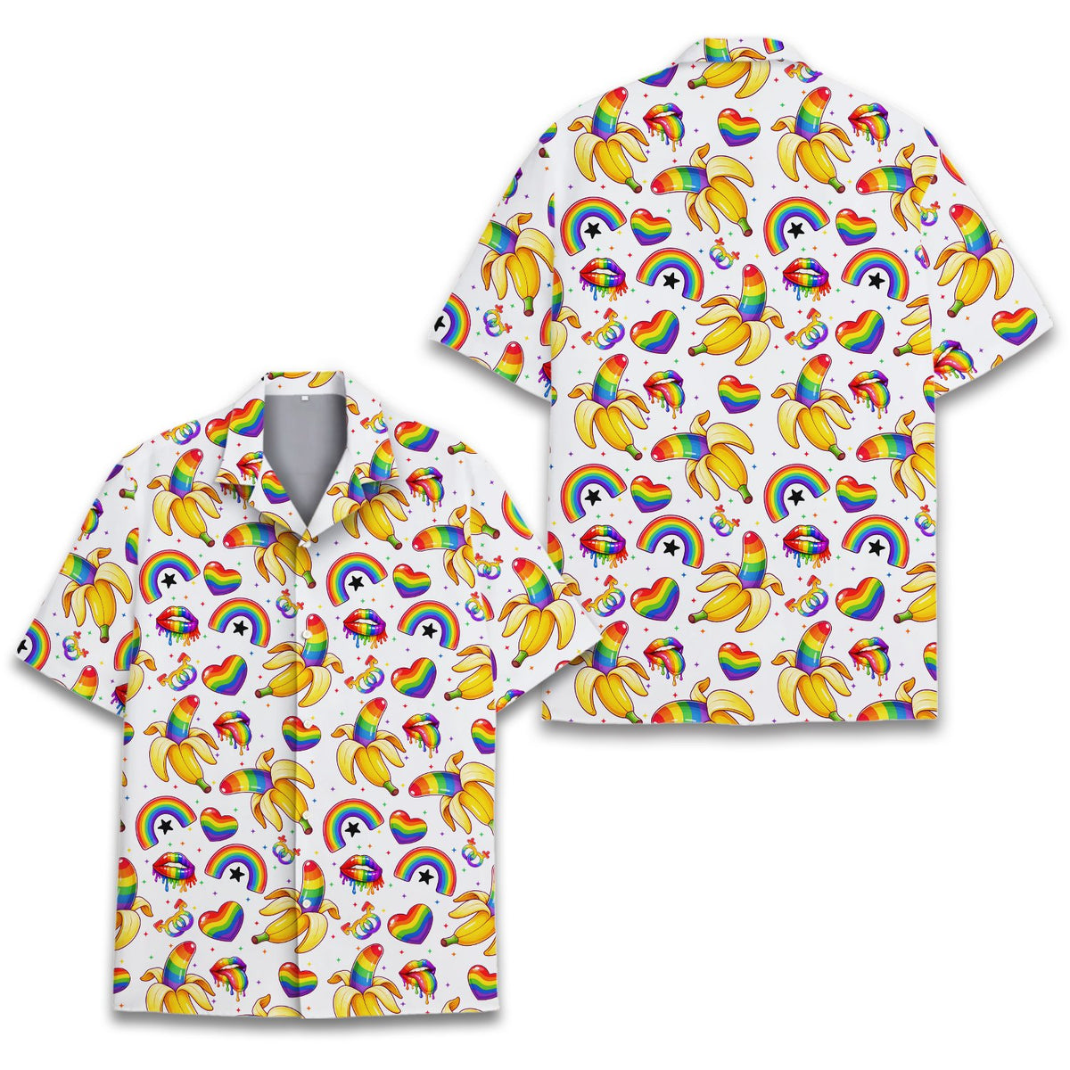 Front view of the pride hawaiian shirt featuring rainbow symbols
