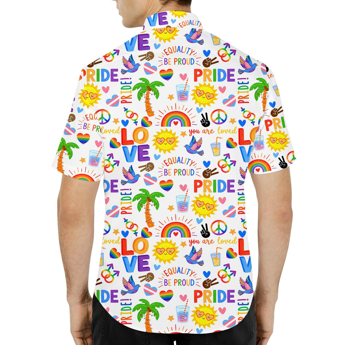 Third lifestyle view highlighting the colorful pride design details on the hawaiian shirt