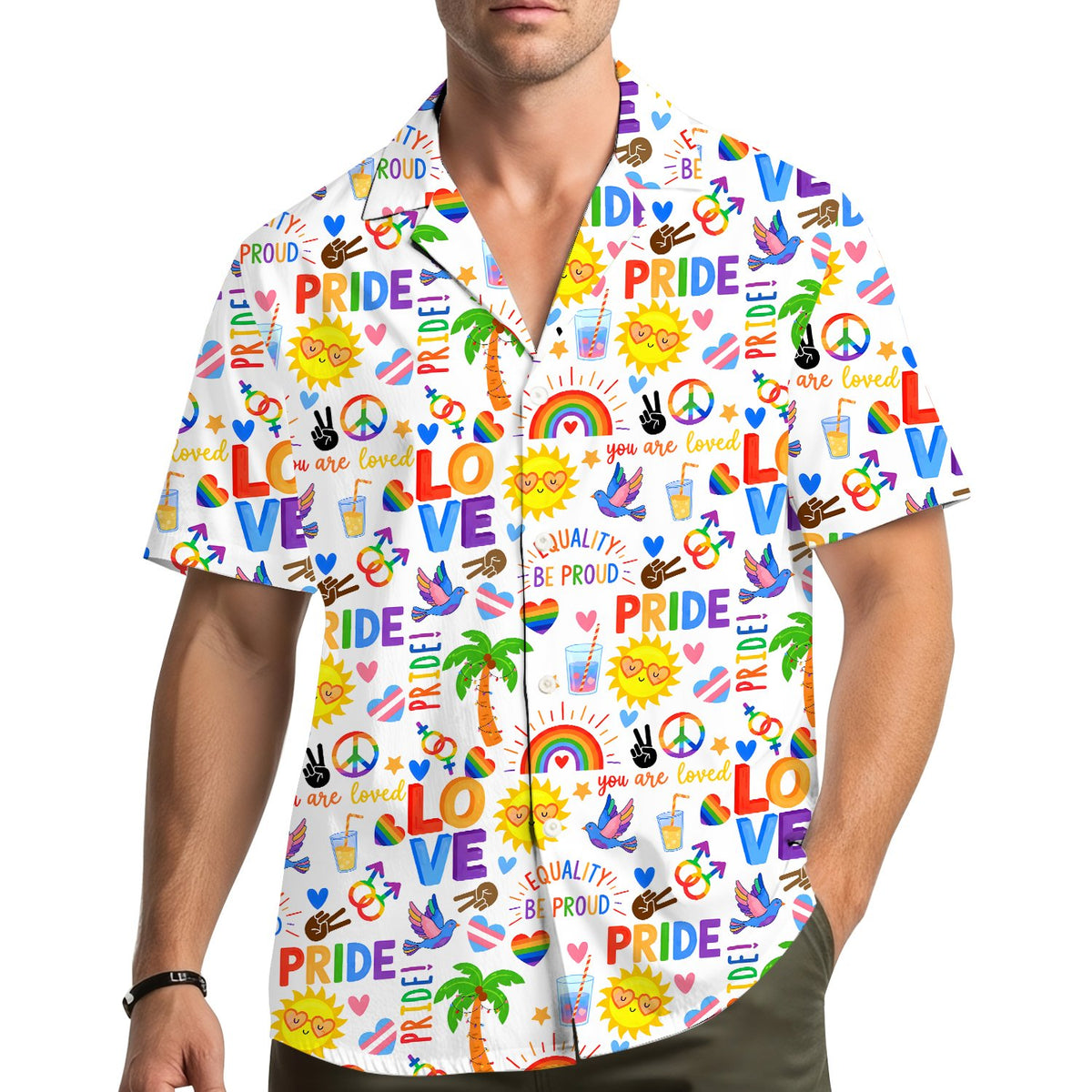 Lifestyle shot of a person wearing the pride hawaiian shirt outdoors