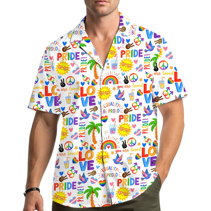 Lifestyle shot of a person wearing the pride hawaiian shirt outdoors