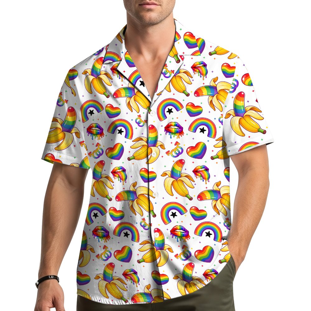 Lifestyle view of adults wearing the matching family hawaiian shirts in a pride theme