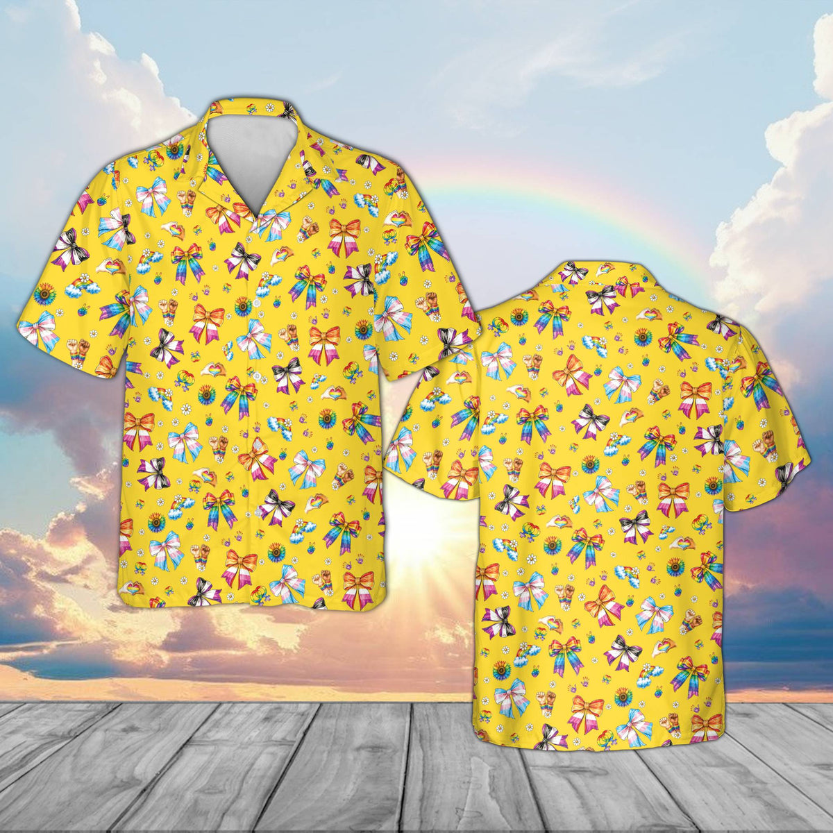 Yellow pride hawaiian shirt with bows and hearts, front view