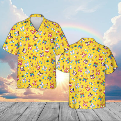 Yellow pride hawaiian shirt with bows and hearts, front view