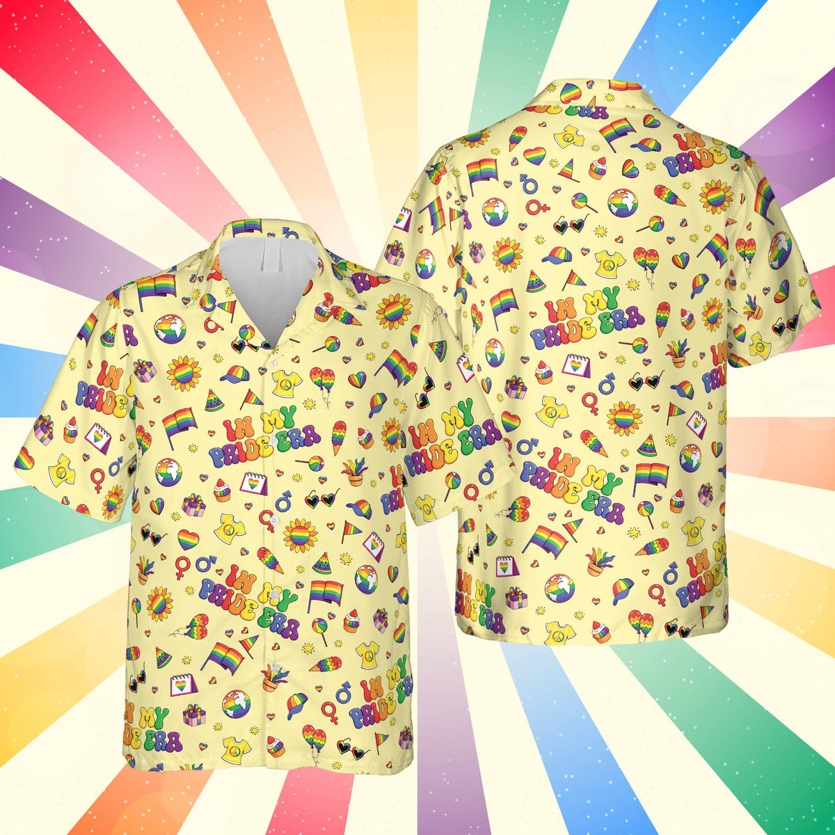Multicolor pride hawaiian shirt front view on yellow background