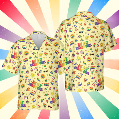 Multicolor pride hawaiian shirt front view on yellow background