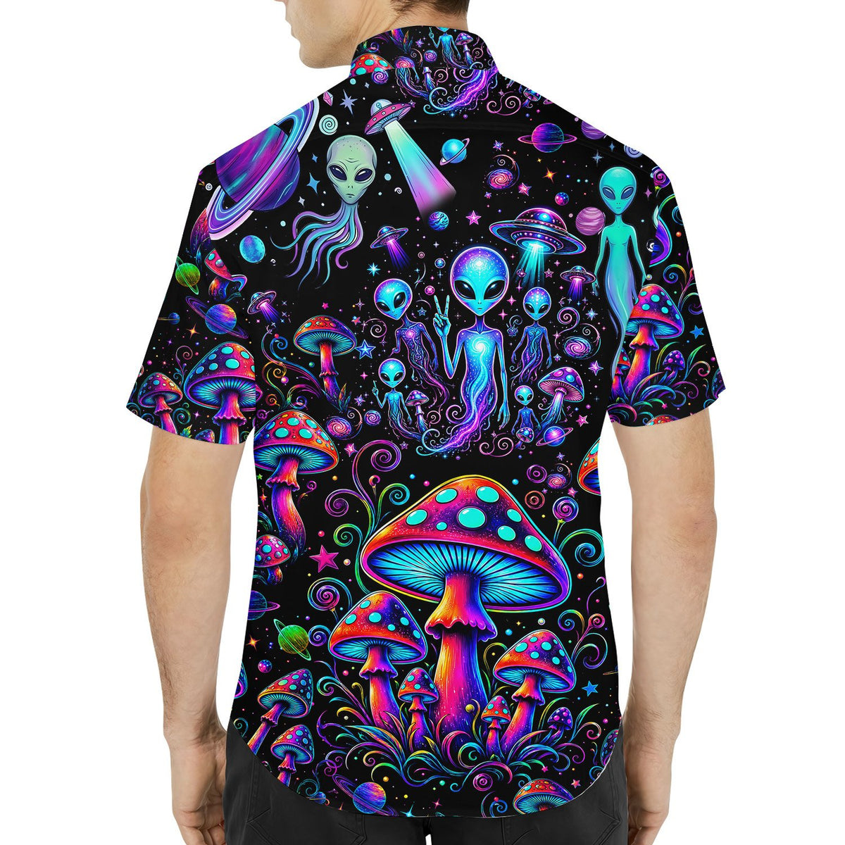 Detailed back view of the psychedelic alien hawaiian shirt