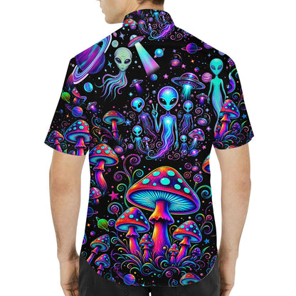 Detailed back view of the psychedelic alien hawaiian shirt