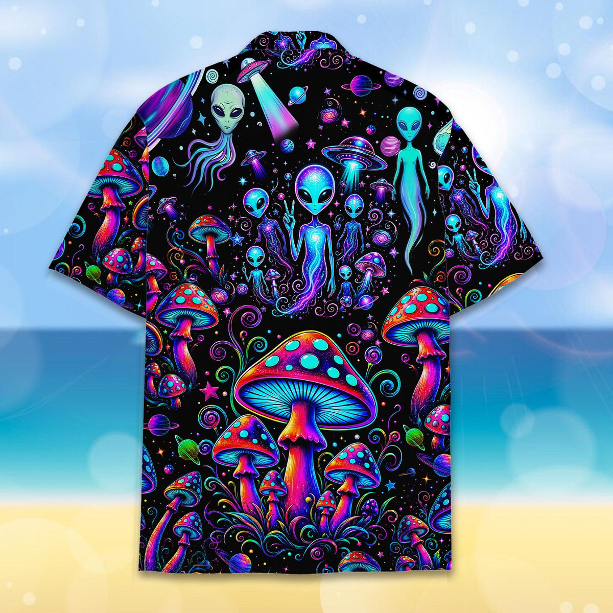 Close-up back view of the neon purple and green alien hawaiian shirt