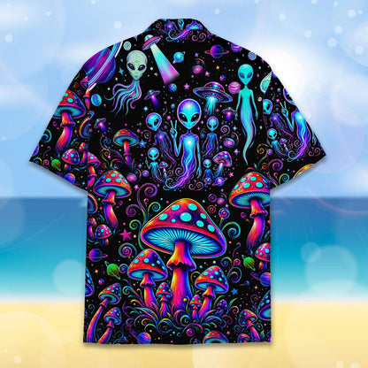 Close-up back view of the neon purple and green alien hawaiian shirt