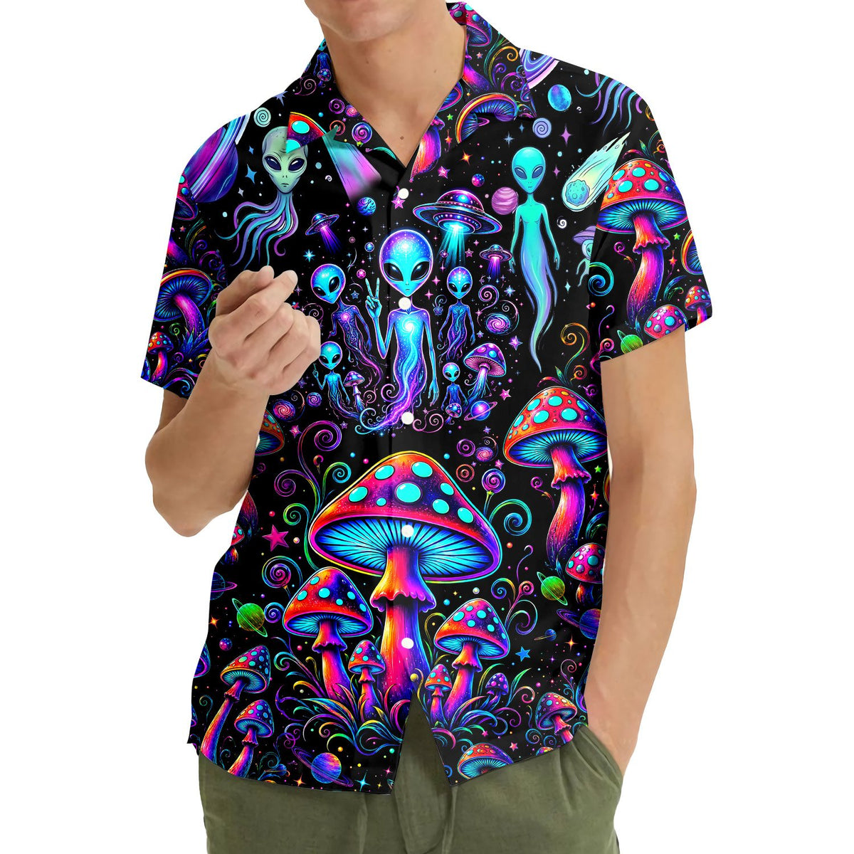 Back view of the vintage alien hawaiian shirt showing planets and stars