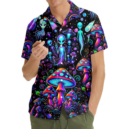 Back view of the vintage alien hawaiian shirt showing planets and stars