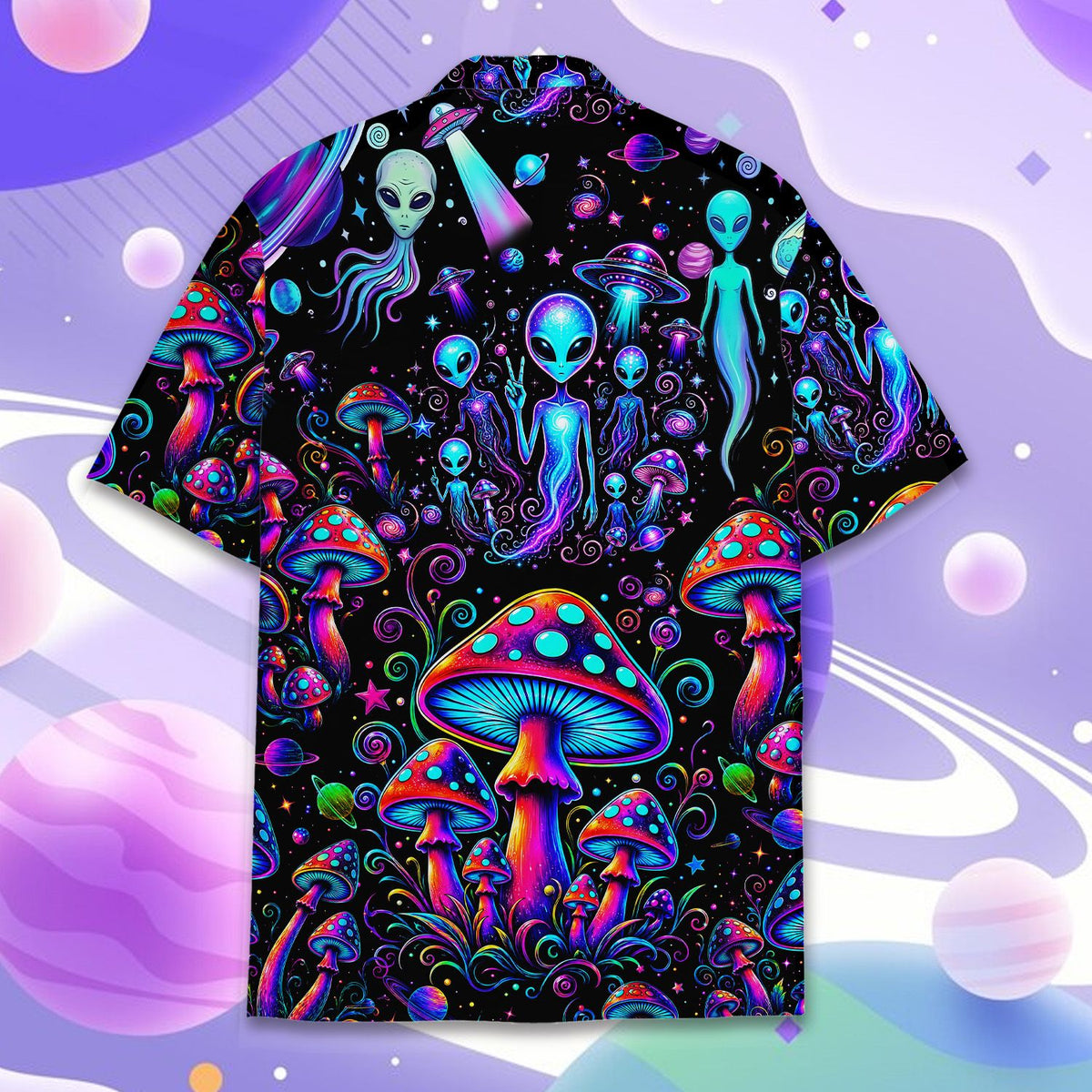 Close-up front view of the abstract alien and mushroom print hawaiian shirt