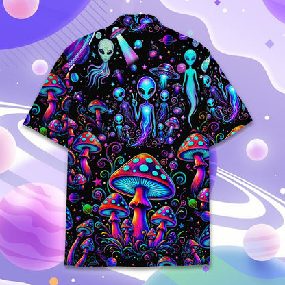 Close-up front view of the abstract alien and mushroom print hawaiian shirt