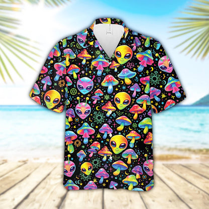 Psychedelic alien hawaiian shirt featuring neon colors and mushrooms on a black background, front view