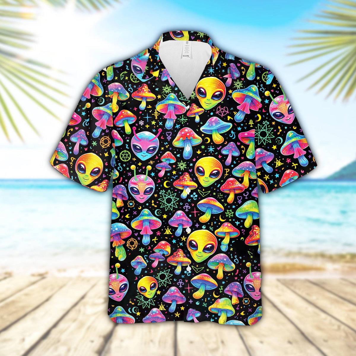 Psychedelic alien hawaiian shirt featuring neon colors and mushrooms on a black background, main view