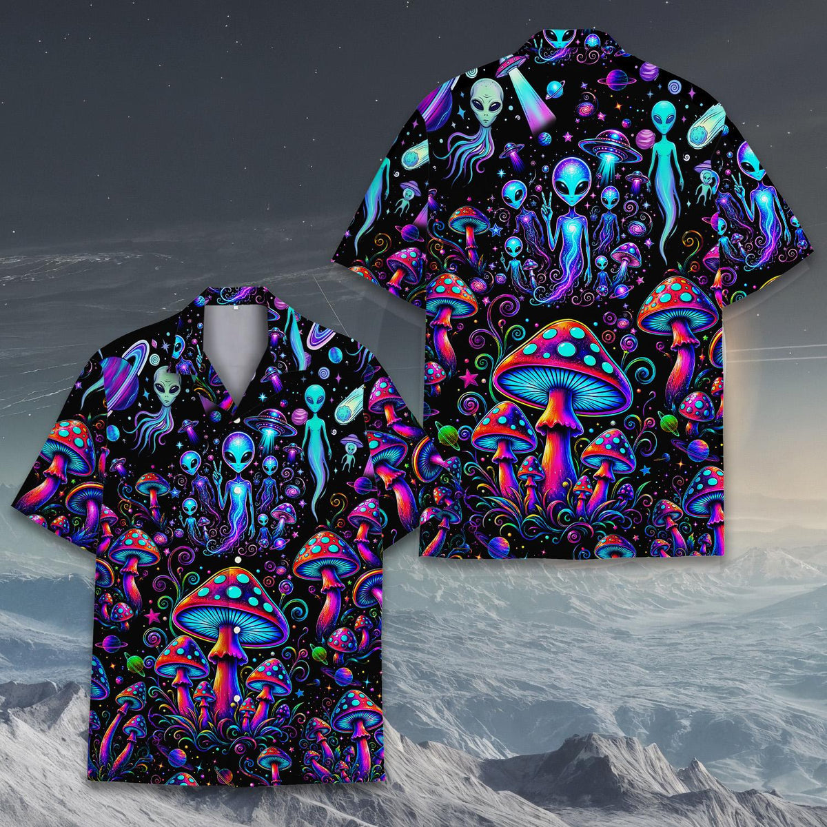 Front view of the psychedelic alien hawaiian shirt with neon glowing colors