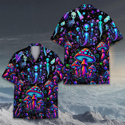 Vintage alien hawaiian shirt featuring neon psychedelic UFOs and mushrooms on a black background