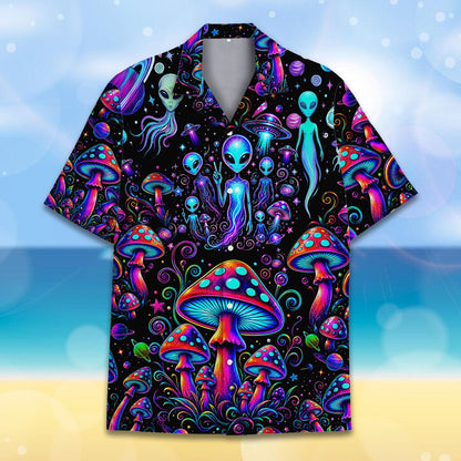 Lifestyle shot of the neon alien hawaiian shirt on a model