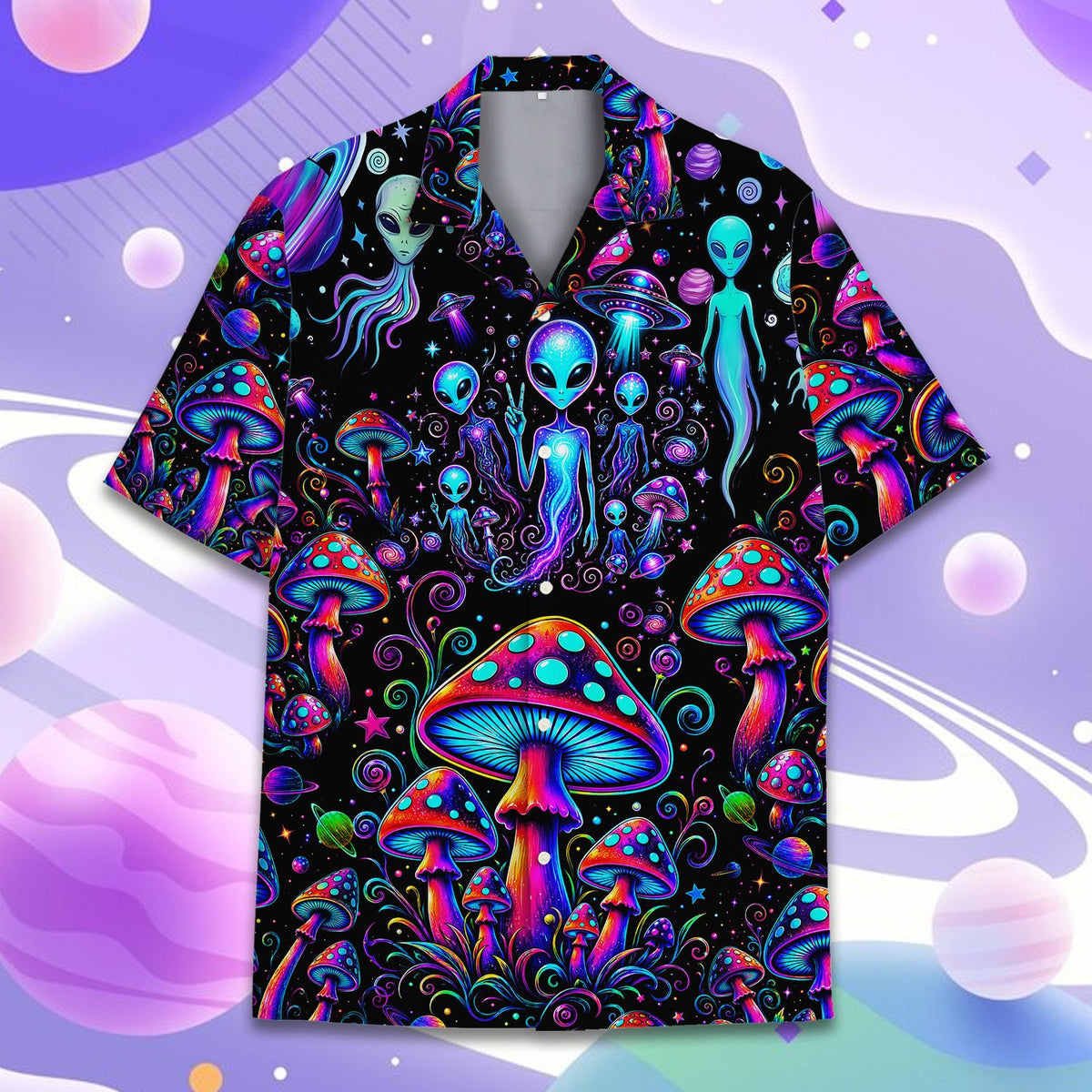 Adult wearing the vintage alien hawaiian shirt outdoors