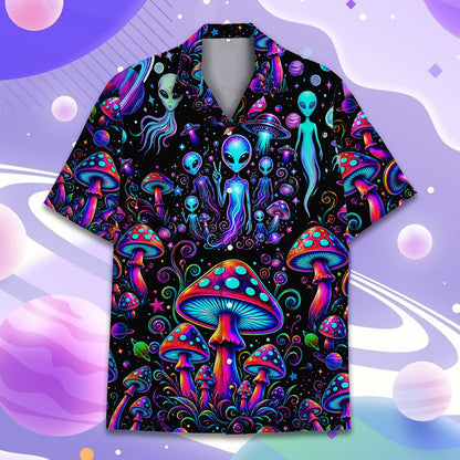 Adult wearing the vintage alien hawaiian shirt outdoors