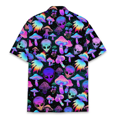 Psychedelic alien mushroom hawaiian shirt, back view showing glowing neon mushroom design