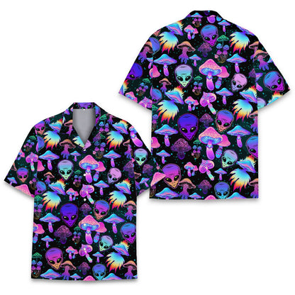 Psychedelic alien mushroom hawaiian shirt, detailed front view