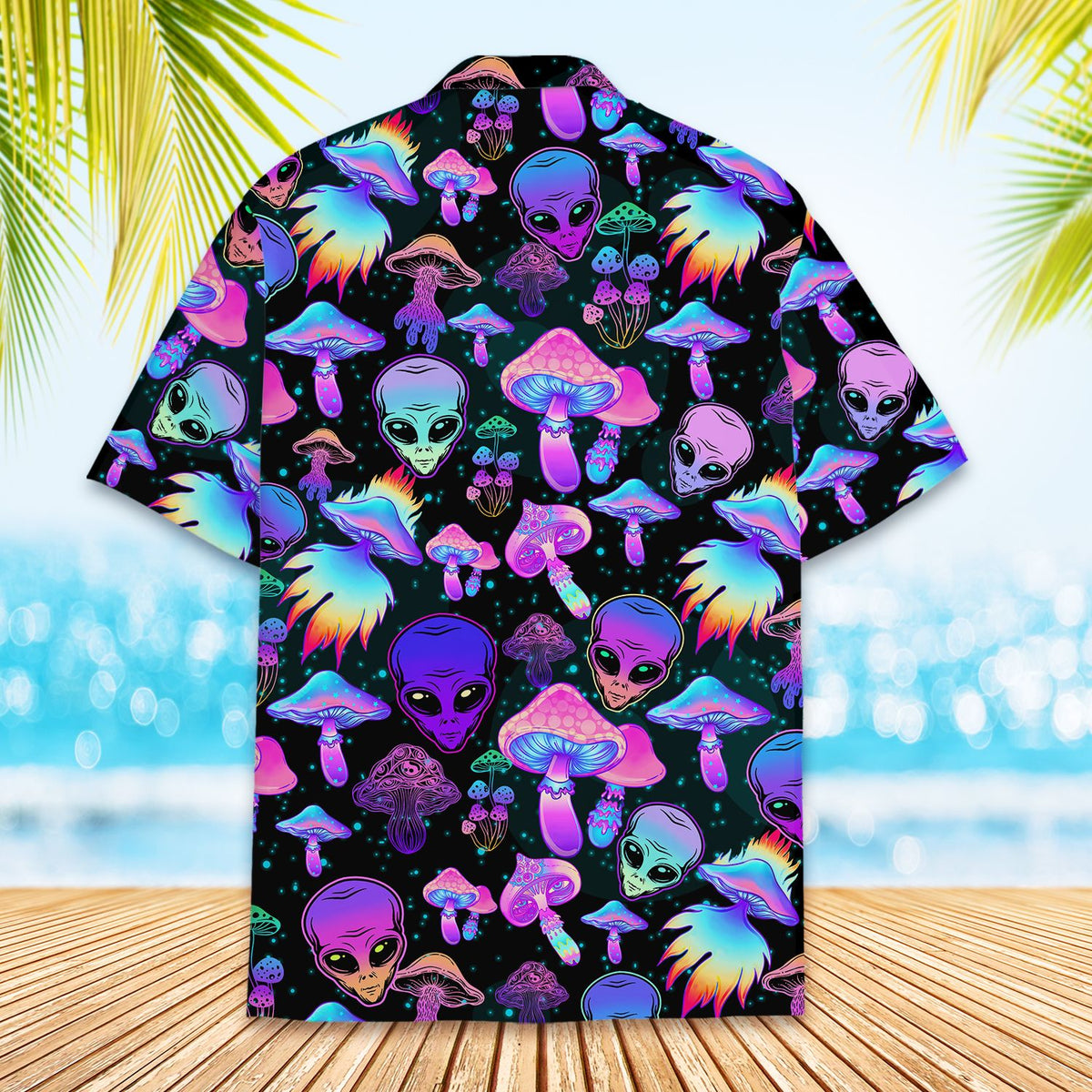 Second lifestyle view of the black psychedelic hawaiian shirt worn outdoors