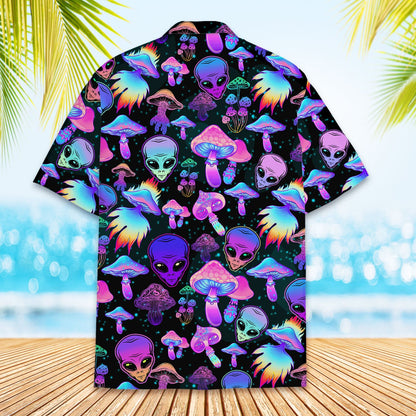 Second lifestyle view of the black psychedelic hawaiian shirt worn outdoors