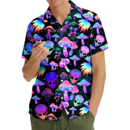 Sixth lifestyle view demonstrating the fit of the psychedelic hawaiian shirt