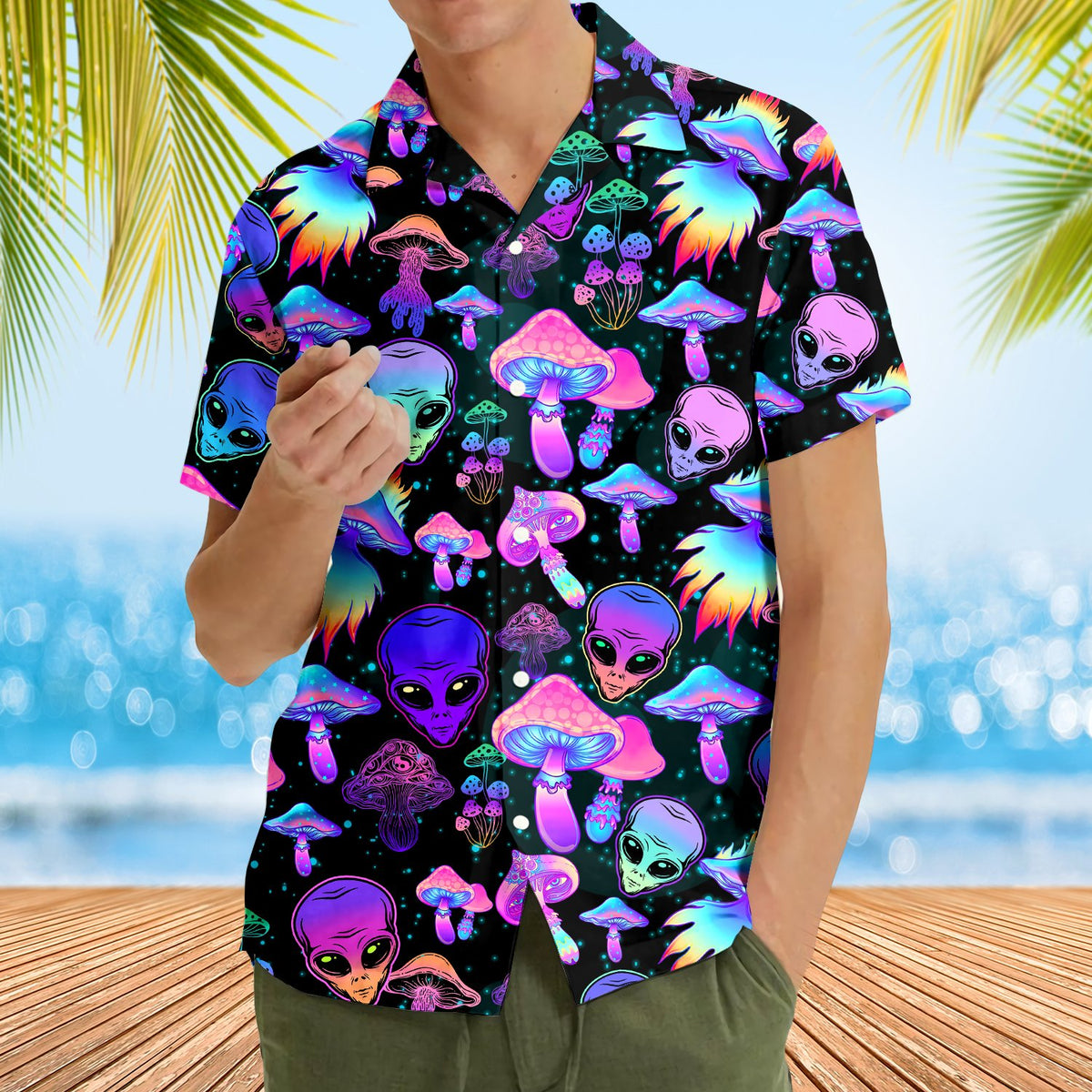 Seventh lifestyle view of the alien mushroom hawaiian shirt in everyday wear