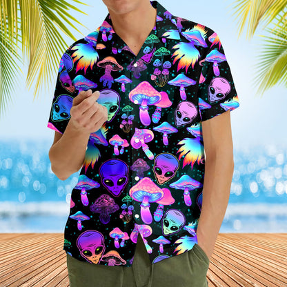 Seventh lifestyle view of the alien mushroom hawaiian shirt in everyday wear