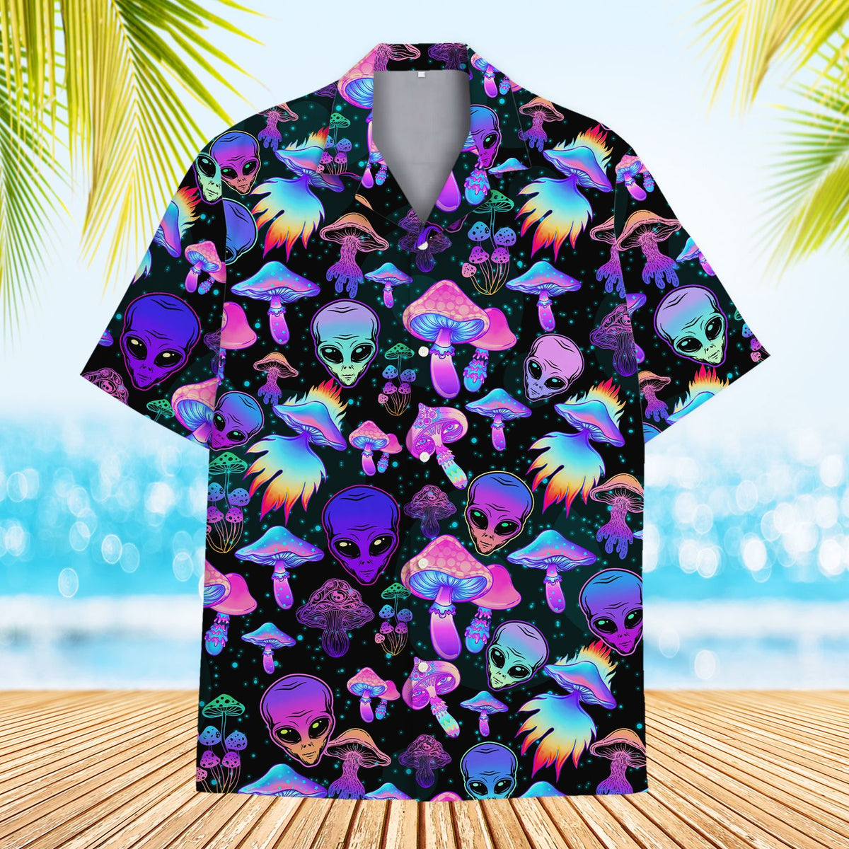 Lifestyle view of an adult wearing the psychedelic alien mushroom hawaiian shirt