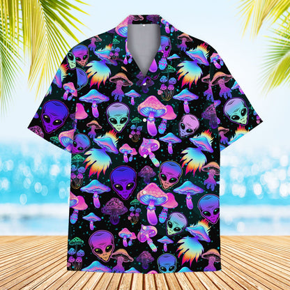Lifestyle view of an adult wearing the psychedelic alien mushroom hawaiian shirt