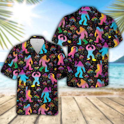 Psychedelic bigfoot hawaiian shirt featuring neon silhouettes on a black background, main view