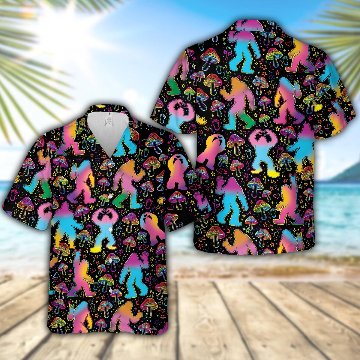 Front view of the psychedelic bigfoot hawaiian shirt for matching family outfits