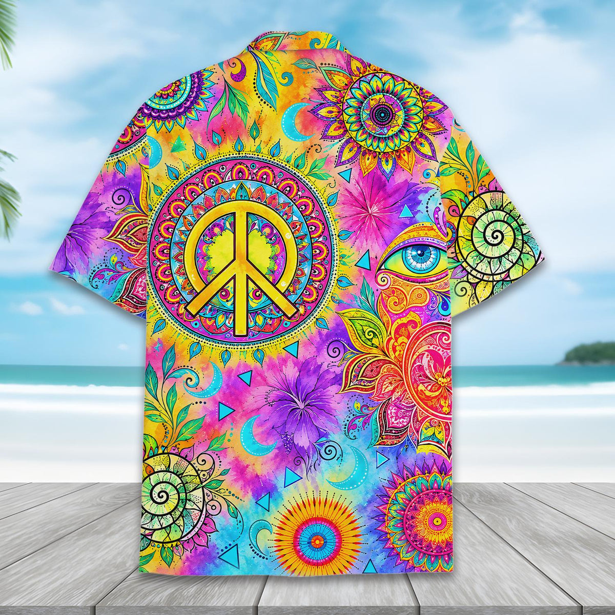 Additional back view of the boho hawaiian shirt with vibrant tie-dye colors