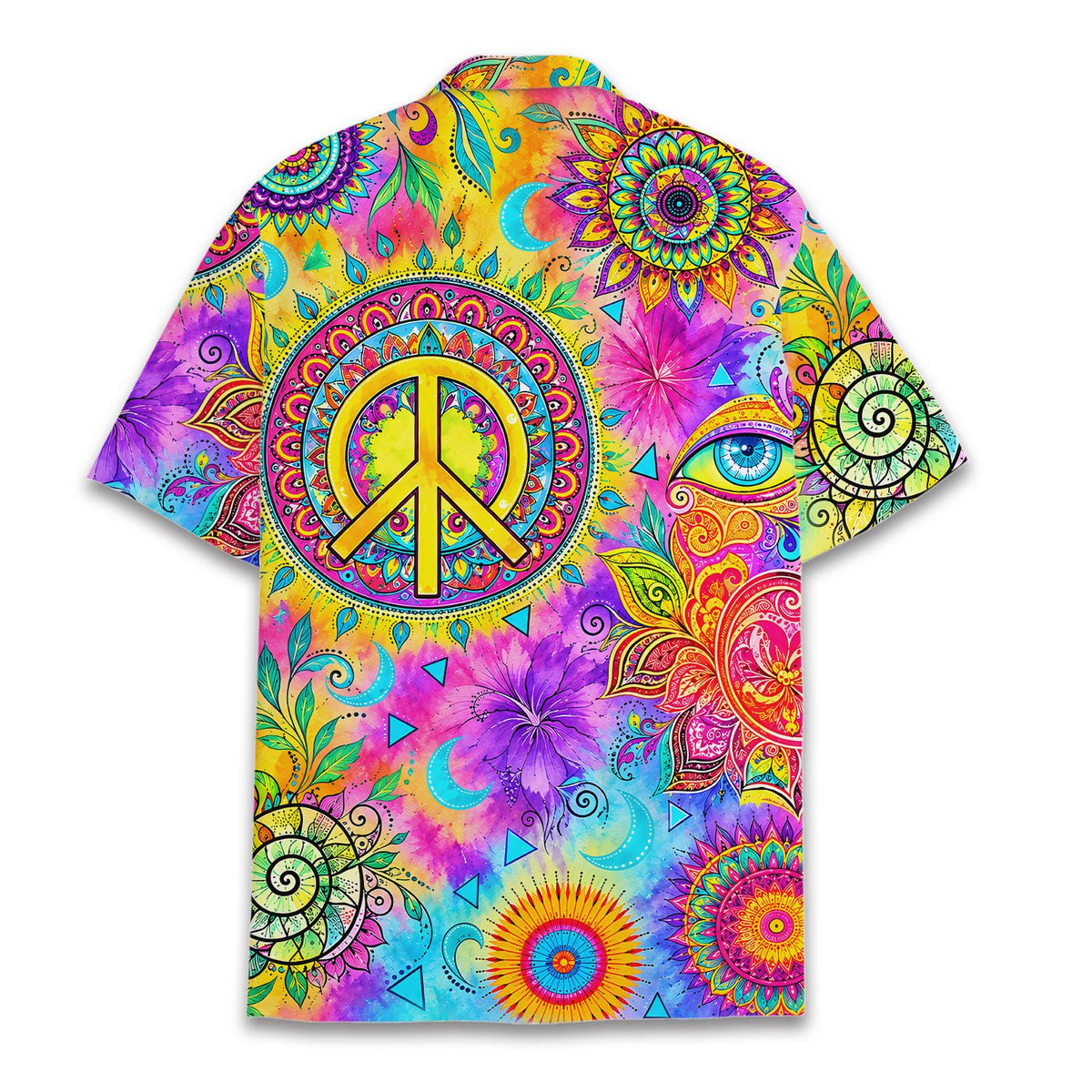 Back view of the psychedelic boho peace hawaiian shirt showing the large mandala