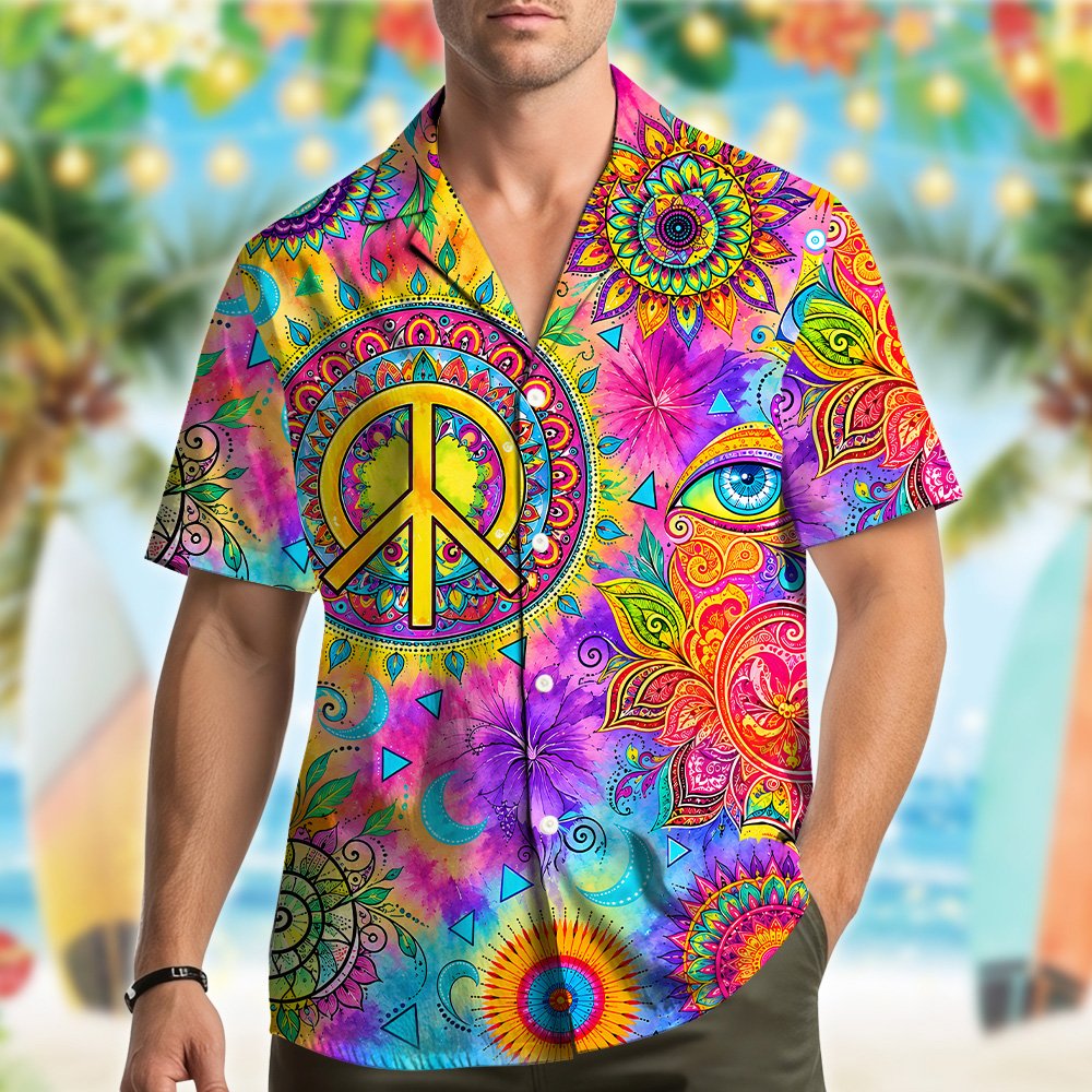Detailed front view of the boho hawaiian shirt showing the intricate floral patterns