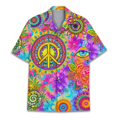 Another front view of the vibrant psychedelic boho peace hawaiian shirt