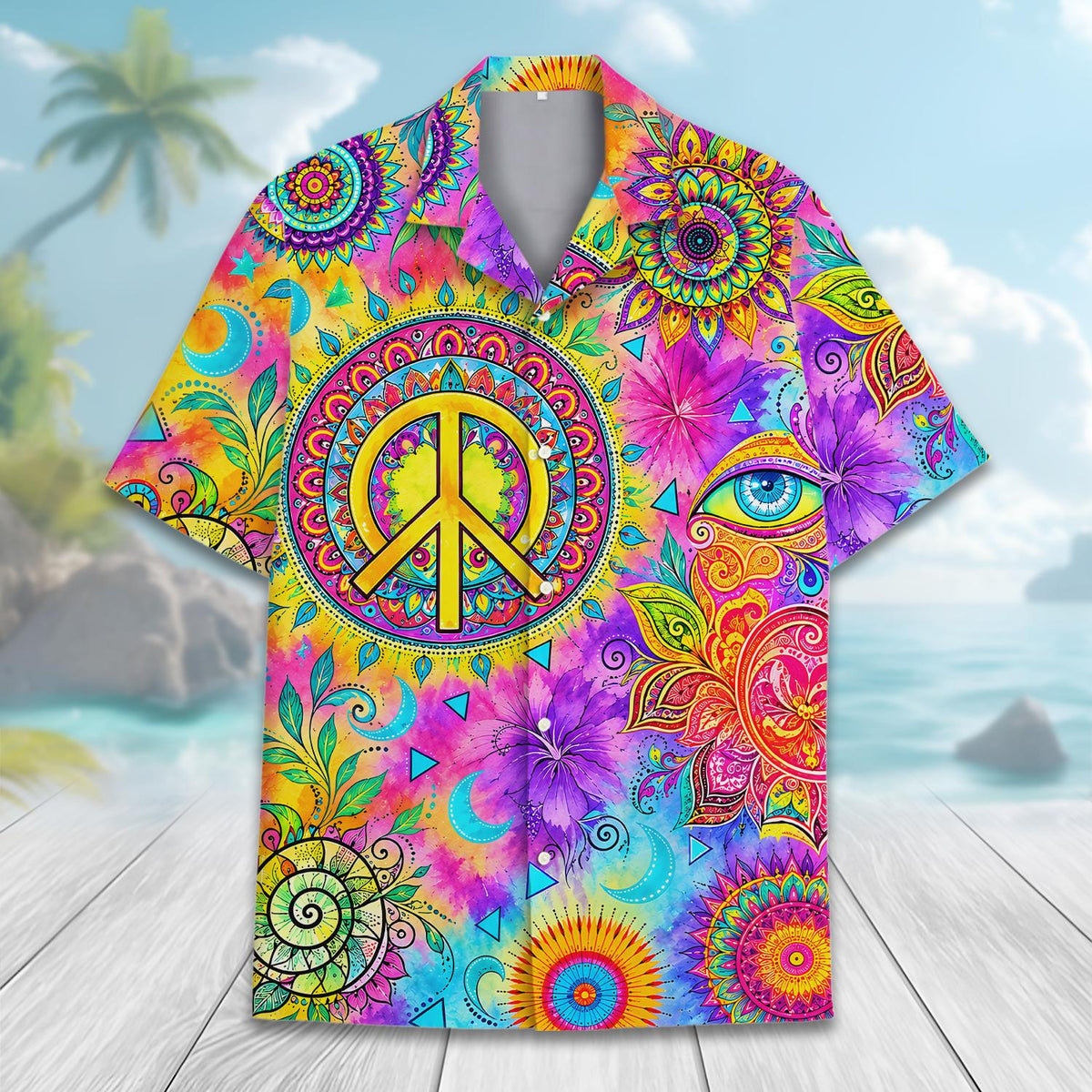 Front view of the hawaiian shirt highlighting the eye and crescent details